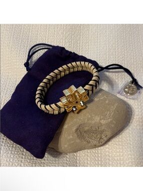 Tory Burch Cream & Black Braided Leather Bracelet with Gold Logo